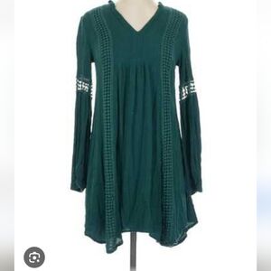 KNOX ROSE DRESS JUNIOR SZ XS GREEN LINED KNEE LENGHT LONG SLEEVE CROCHET V NECK